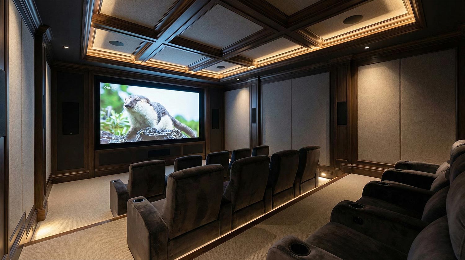 Luxury home cinema with wood coffered ceiling and rows of plush theater seating
