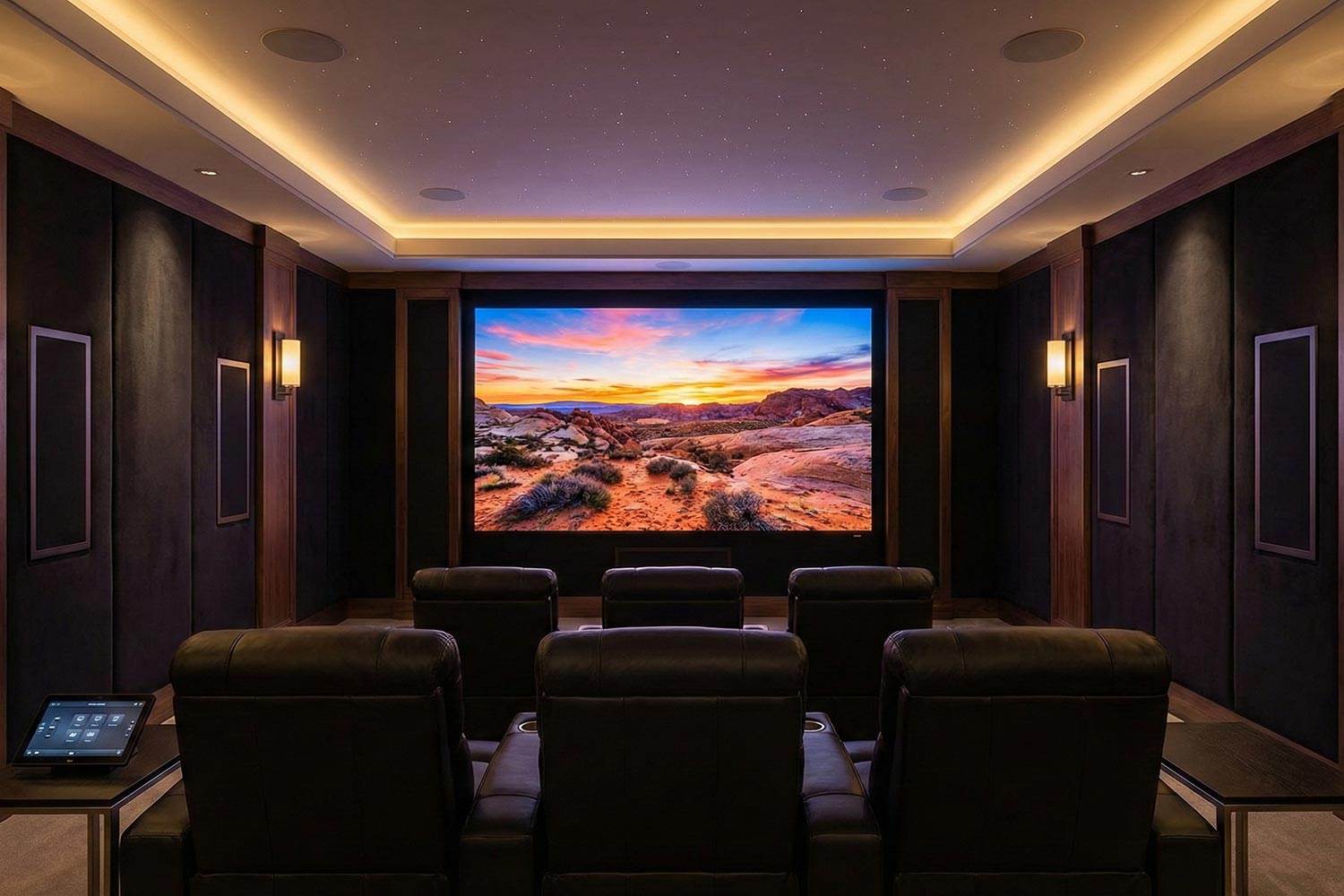 Home theater with a star-pattern ceiling and a sunset displayed on a large screen