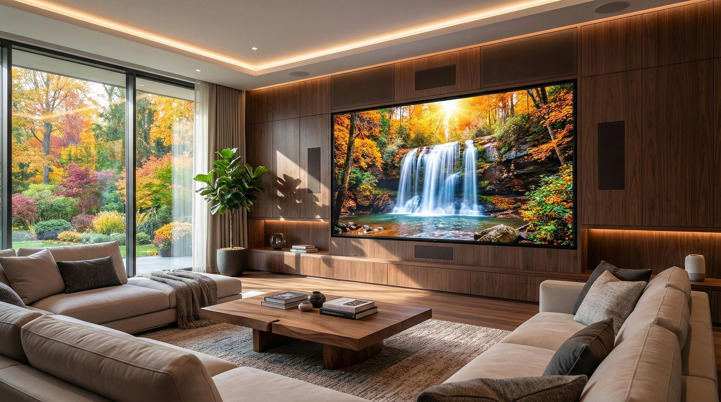 Contemporary living area featuring a large built-in television and wood paneling