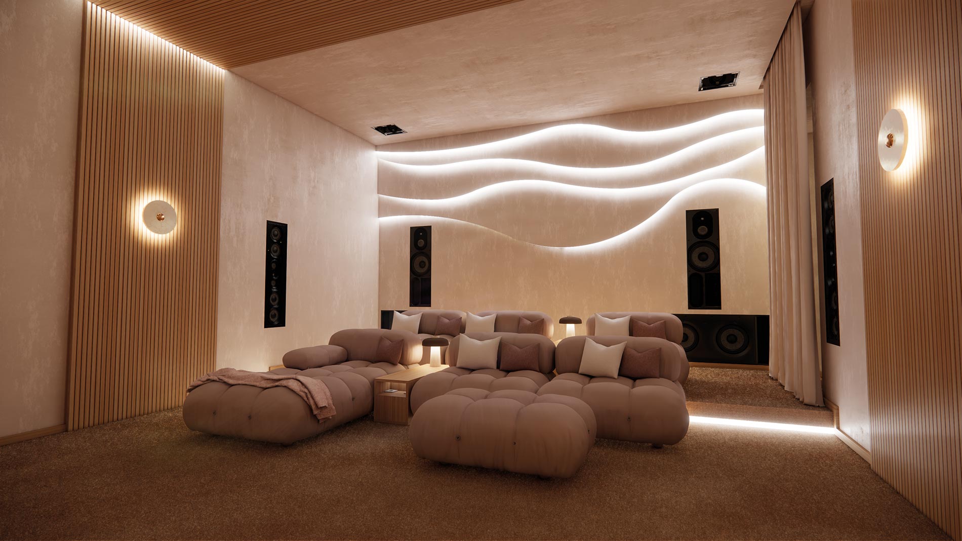 Elegant home theater with wavy backlit wall design