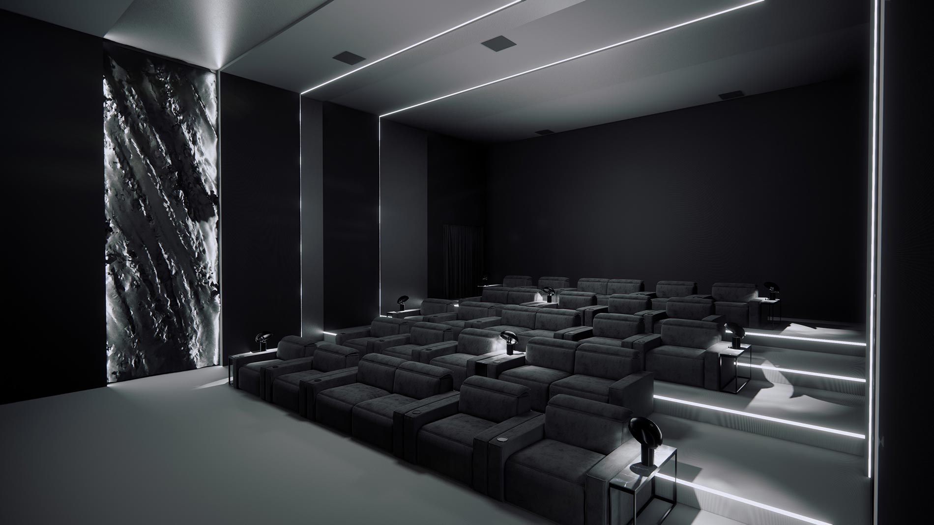Luxury home cinema with tiered gray seating and accent lighting