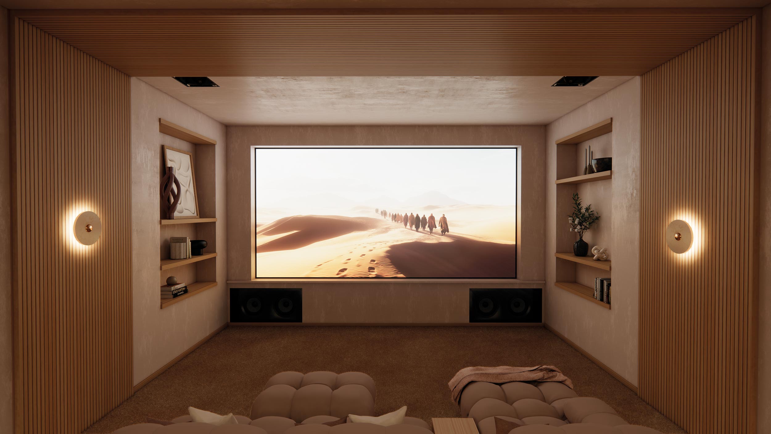 Modern home theater with large screen and wood accents