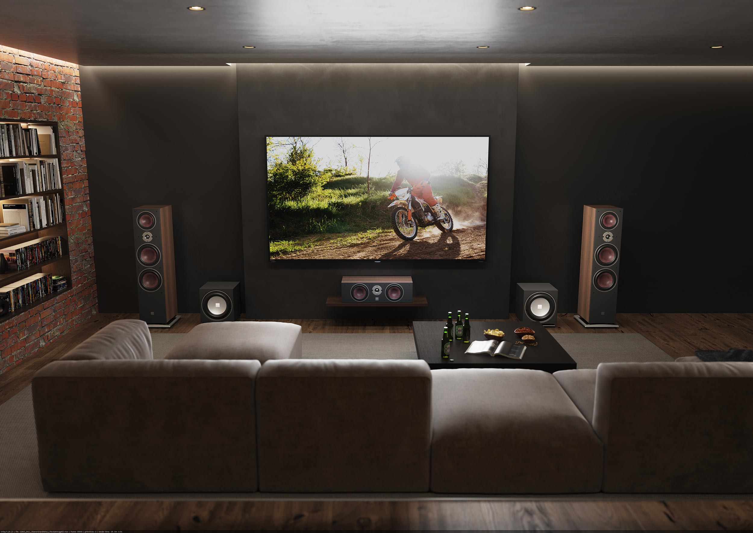 Living room home theater with a flat screen TV, tower speakers, and subwoofers