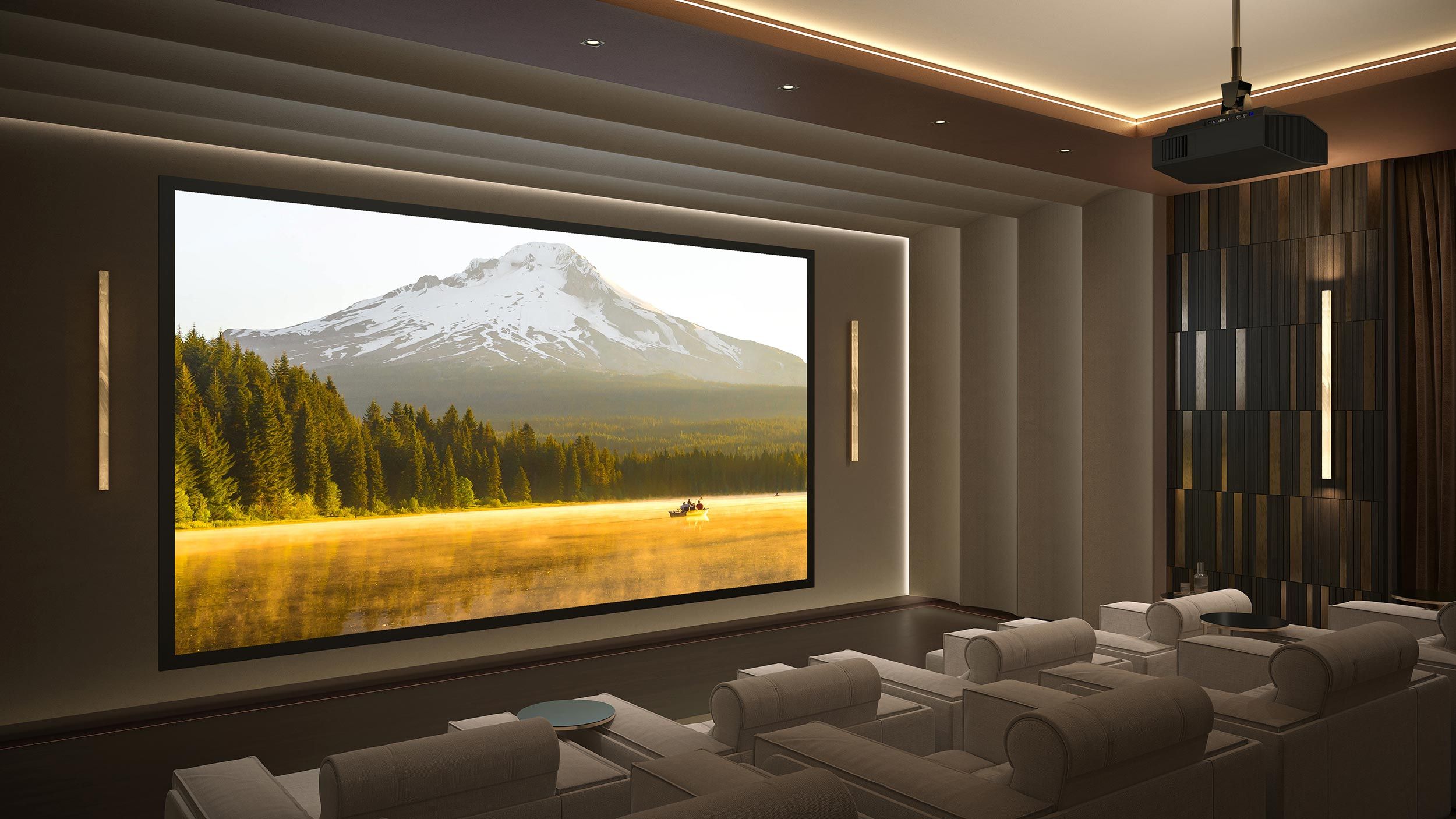 A modern home theater with a large projector screen, comfortable seating, and ambient lighting, creating an immersive cinematic experience.