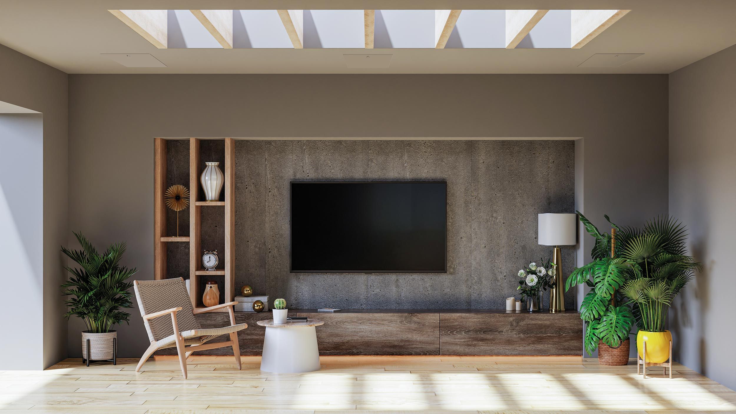 Stylish media room with TV and indoor plants
