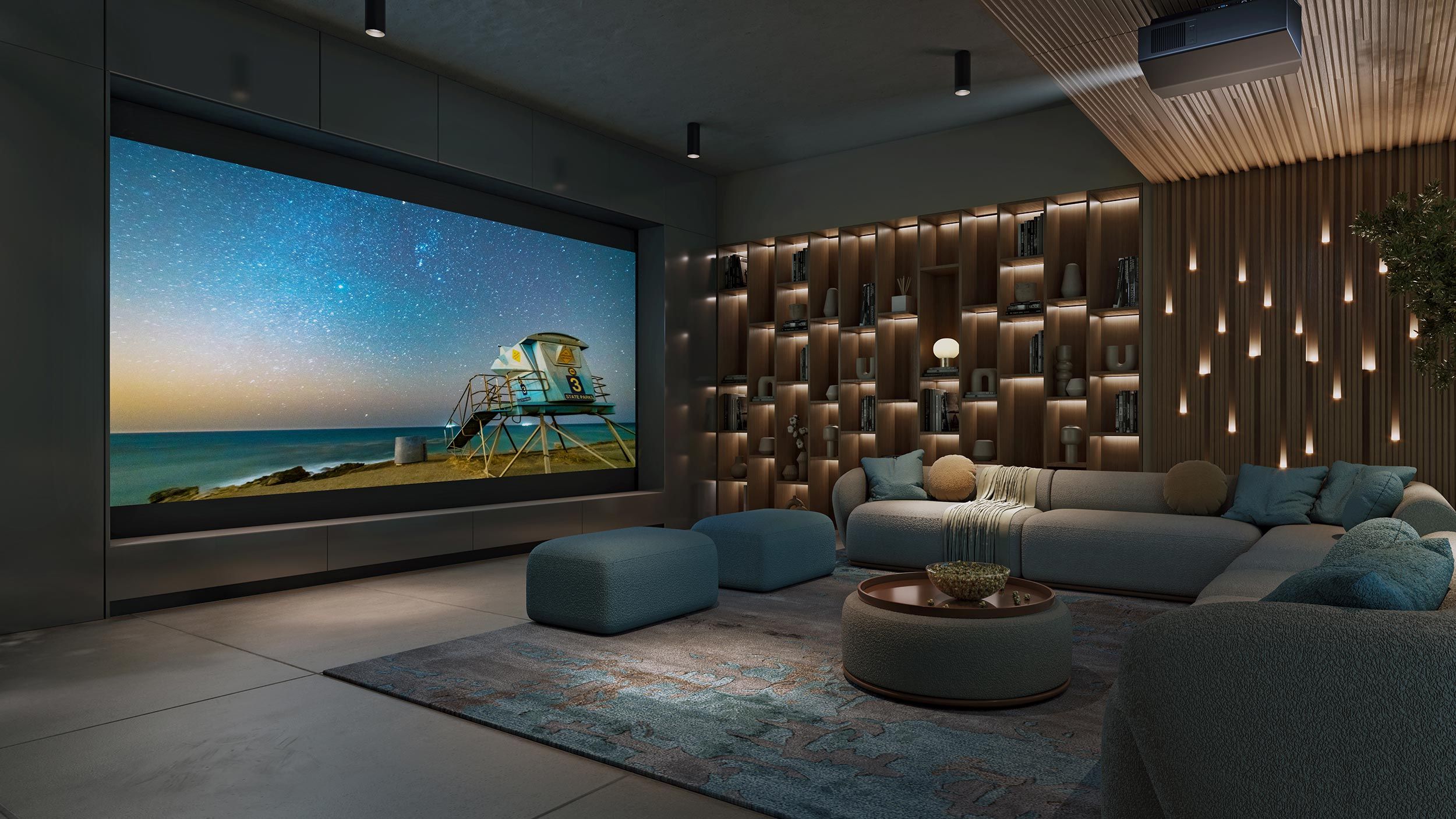 Luxurious Sony home theater with a large screen displaying a beach scene, cozy seating, ambient lighting, and wooden accents.